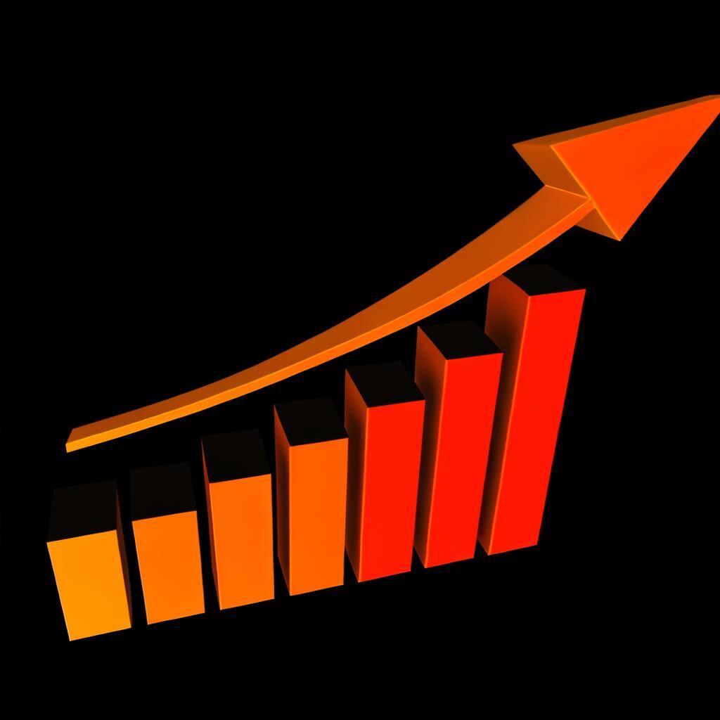 gráfico em barras diagonal direita com seta em crescimento, laranja e preto, fundo completamente preto